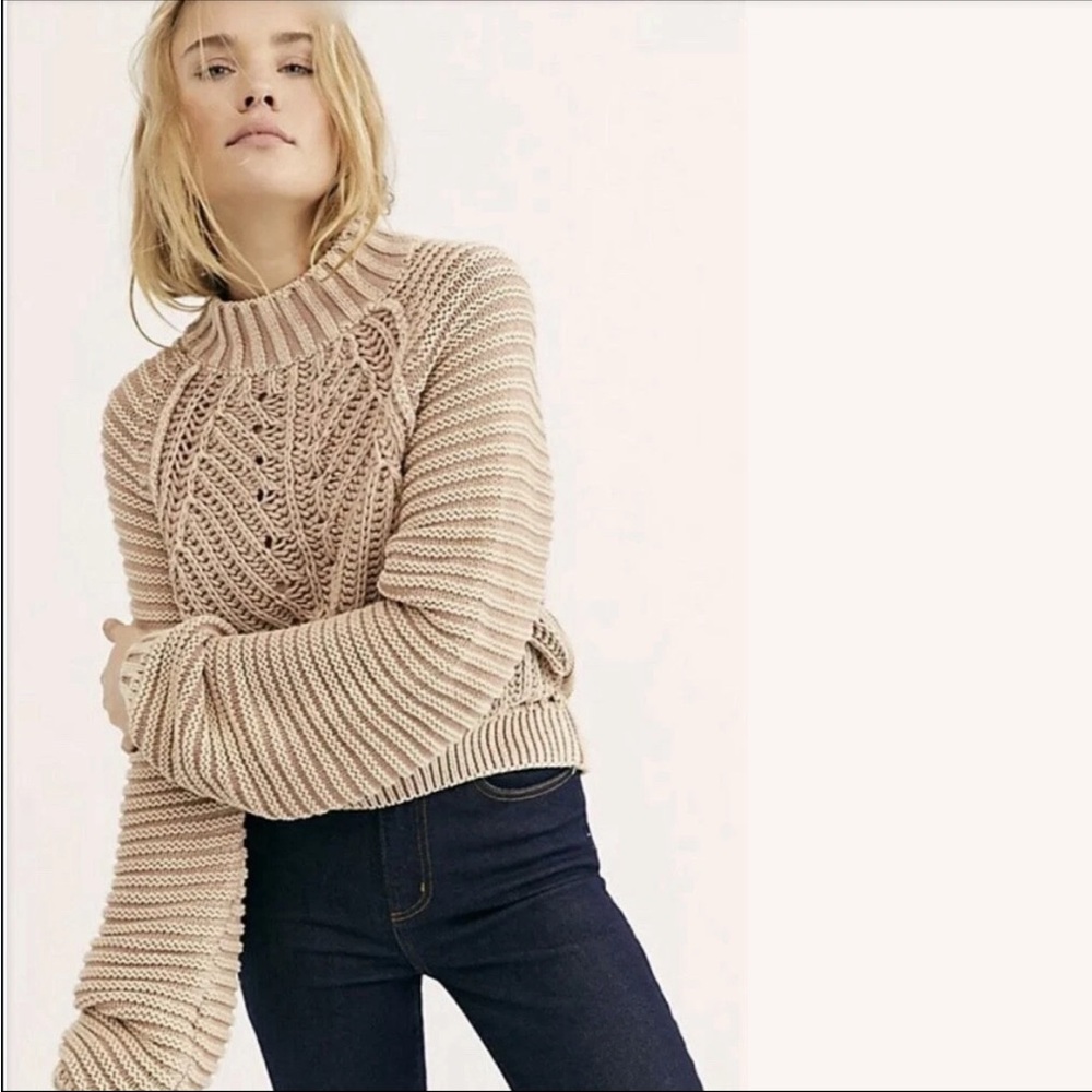 Free People Sweater Sweetheart Chunky Rib Knit Pullover Tan S